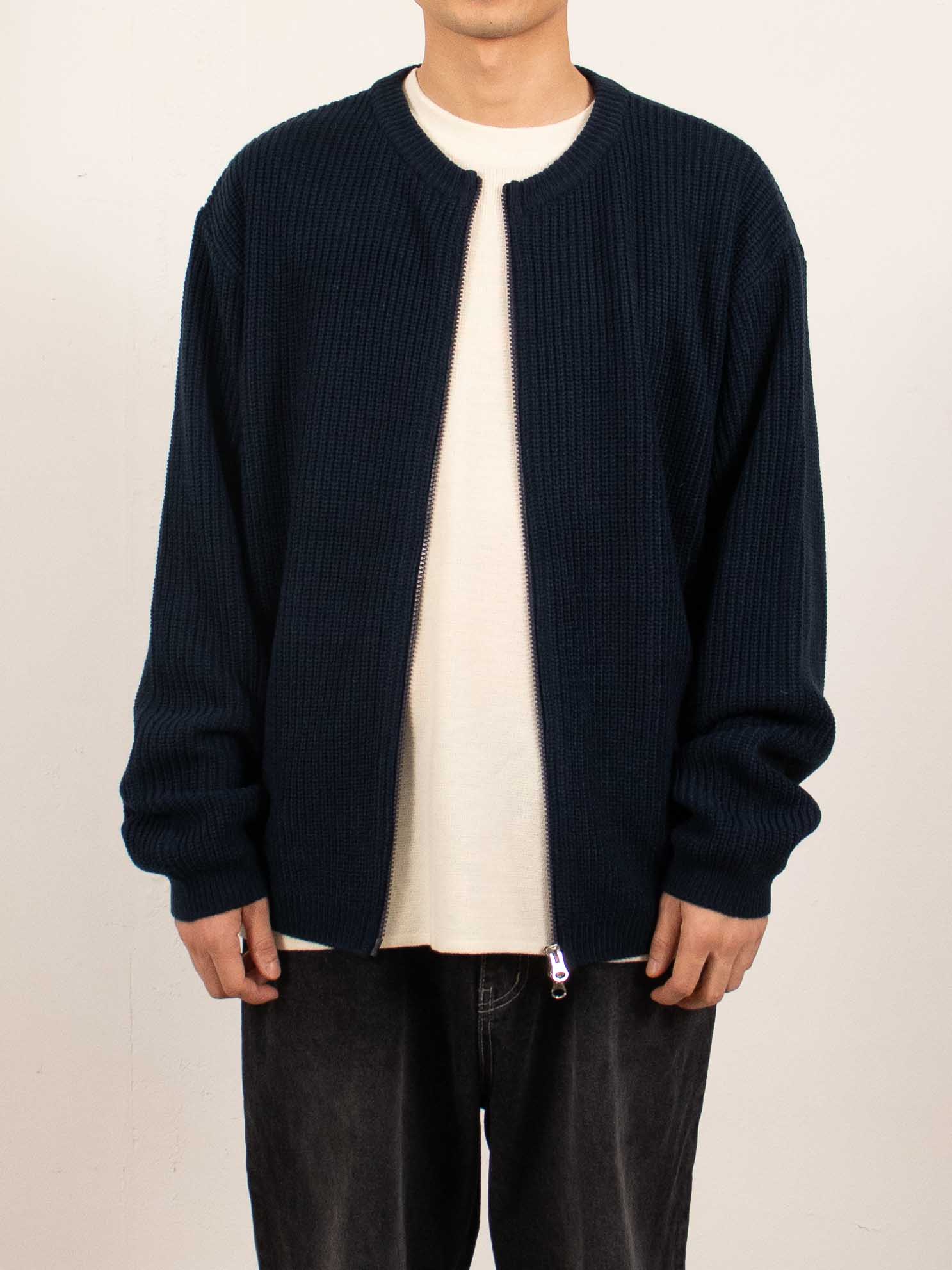 Navy Ribbed Zip-Up Knit Cardigan