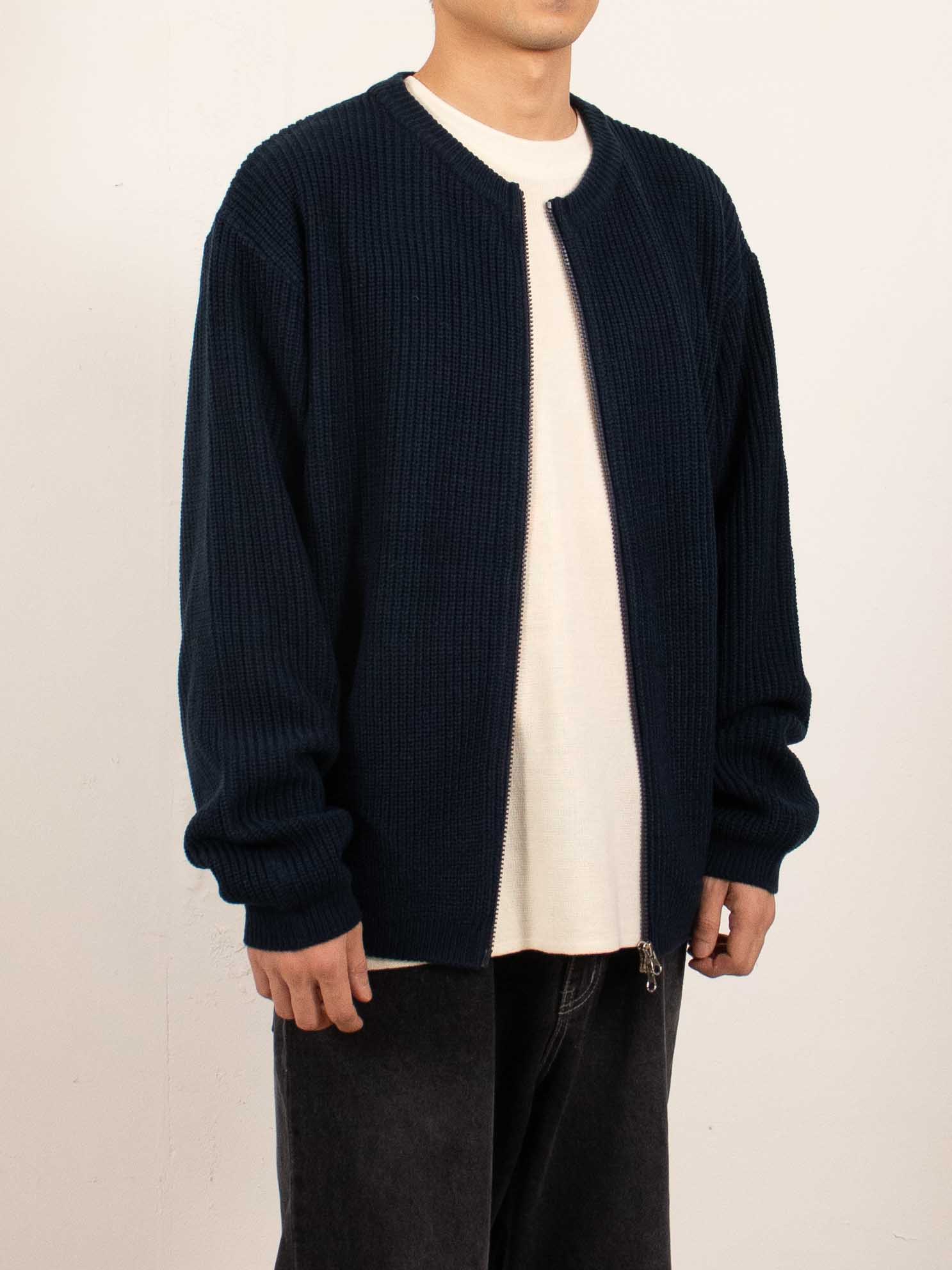 Navy Ribbed Zip-Up Knit Cardigan