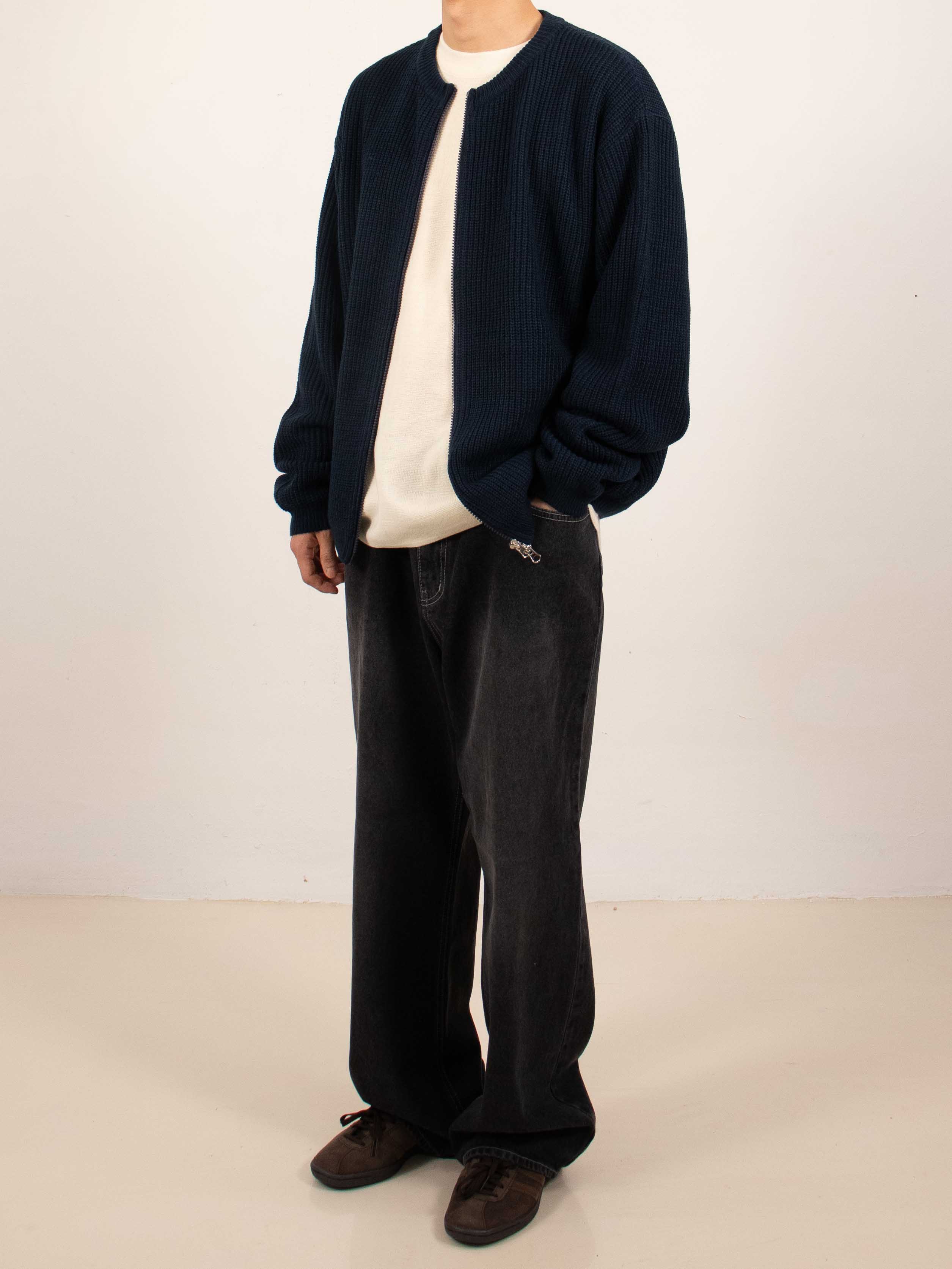 Navy Ribbed Zip-Up Knit Cardigan