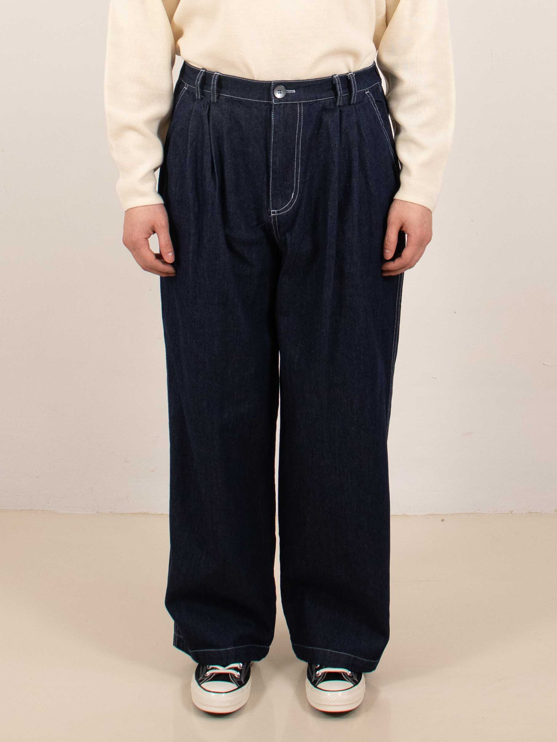 Navy Wide-Leg Pleated Denim Trousers