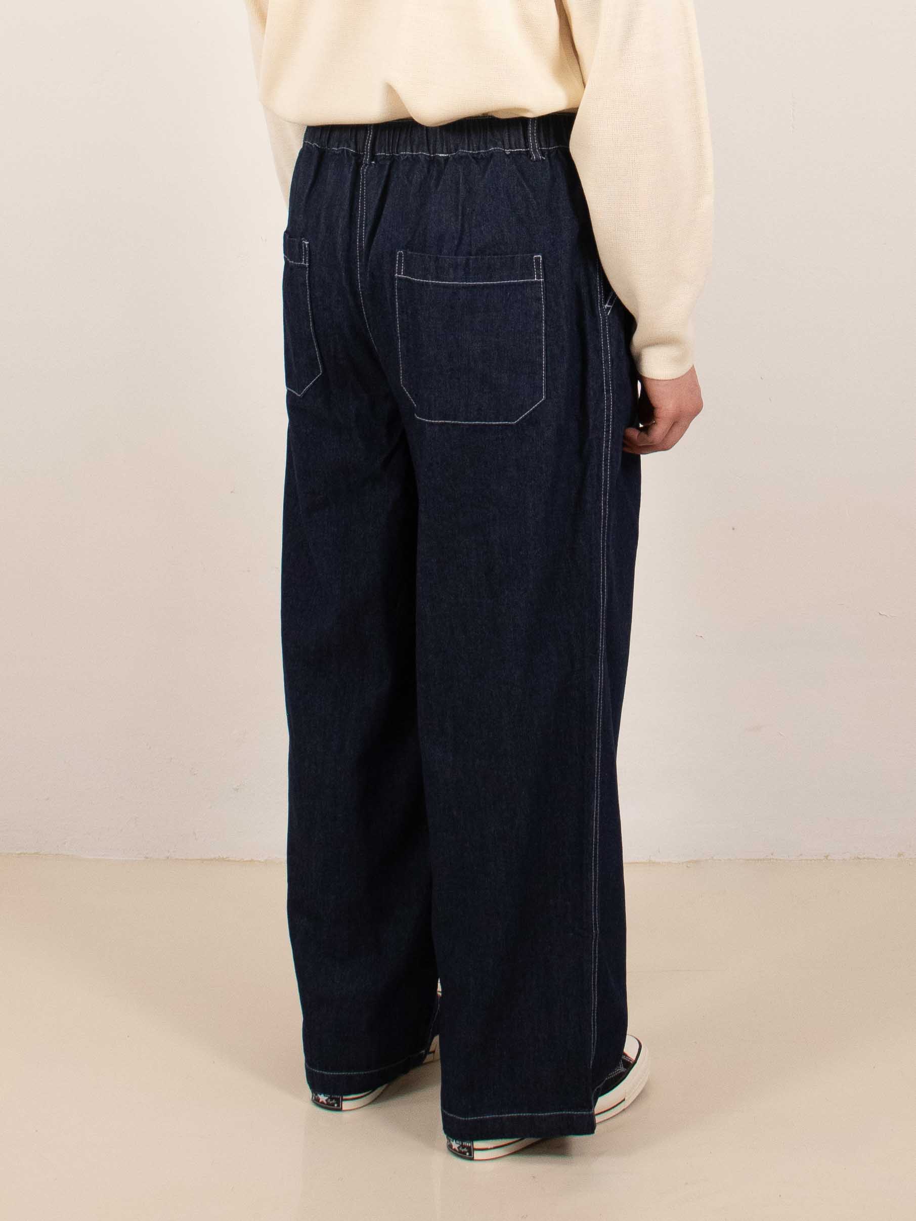 Navy Wide-Leg Pleated Denim Trousers