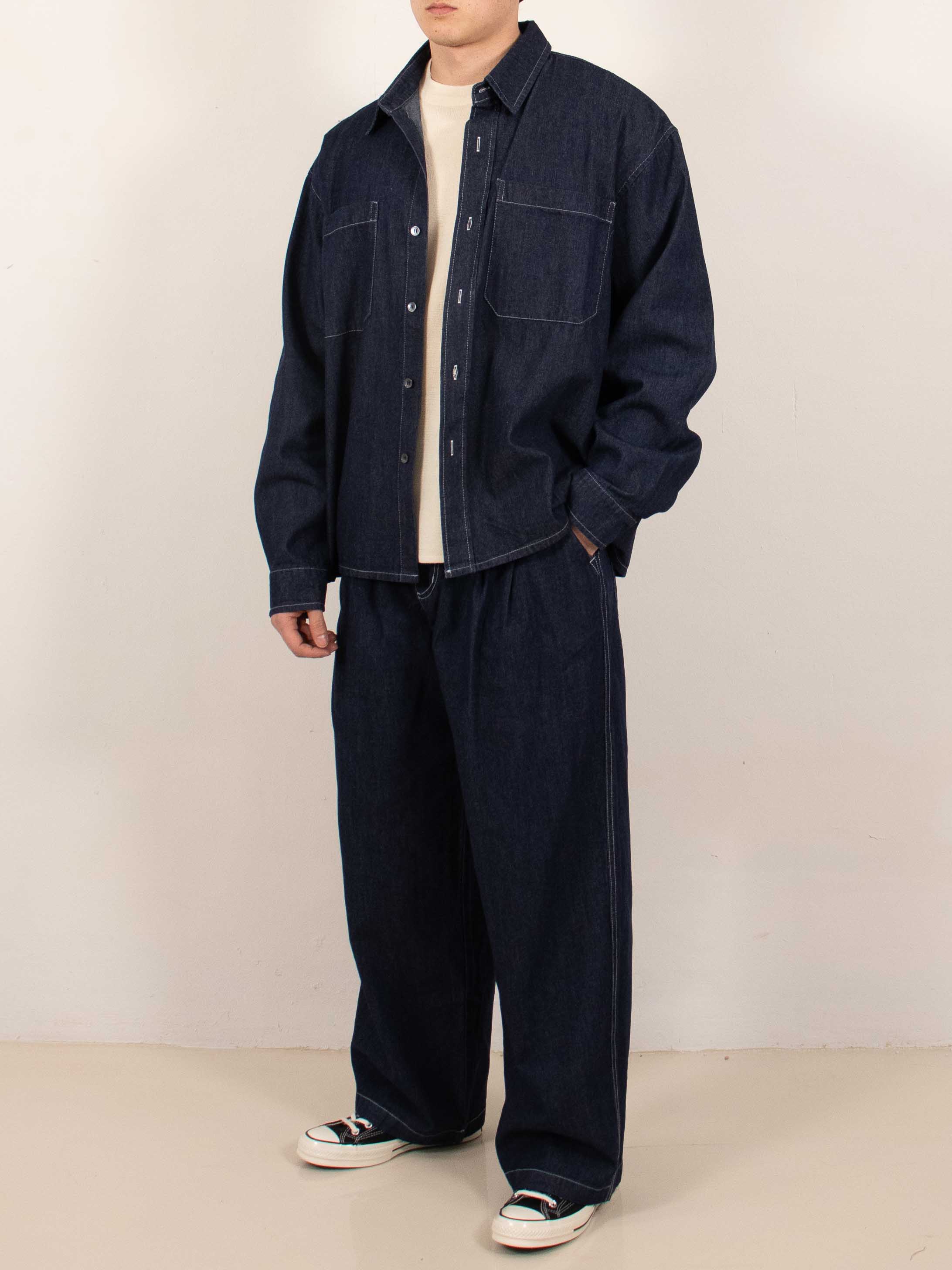 Navy Wide-Leg Pleated Denim Trousers