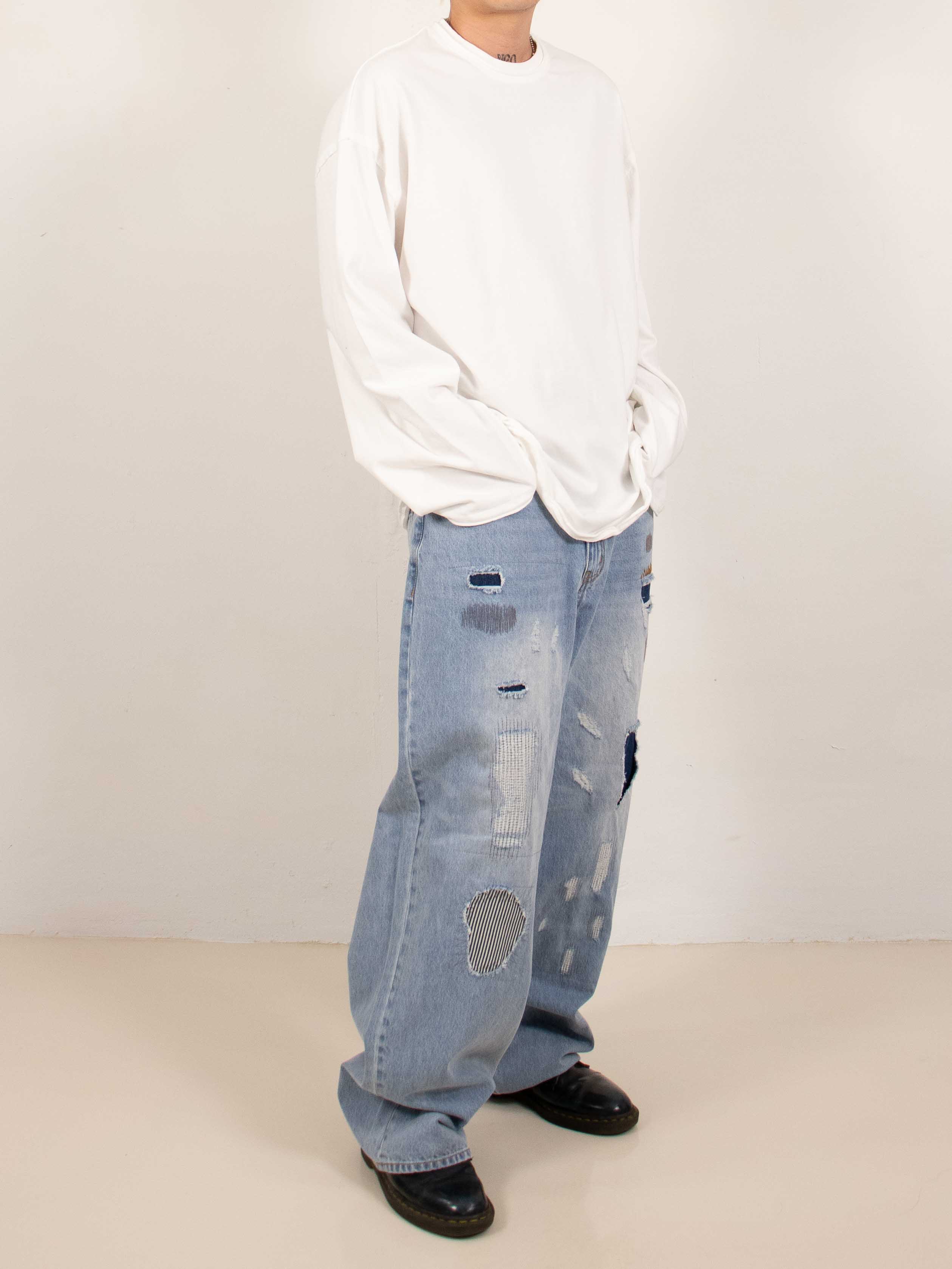 Wide Patchwork Distressed Jeans