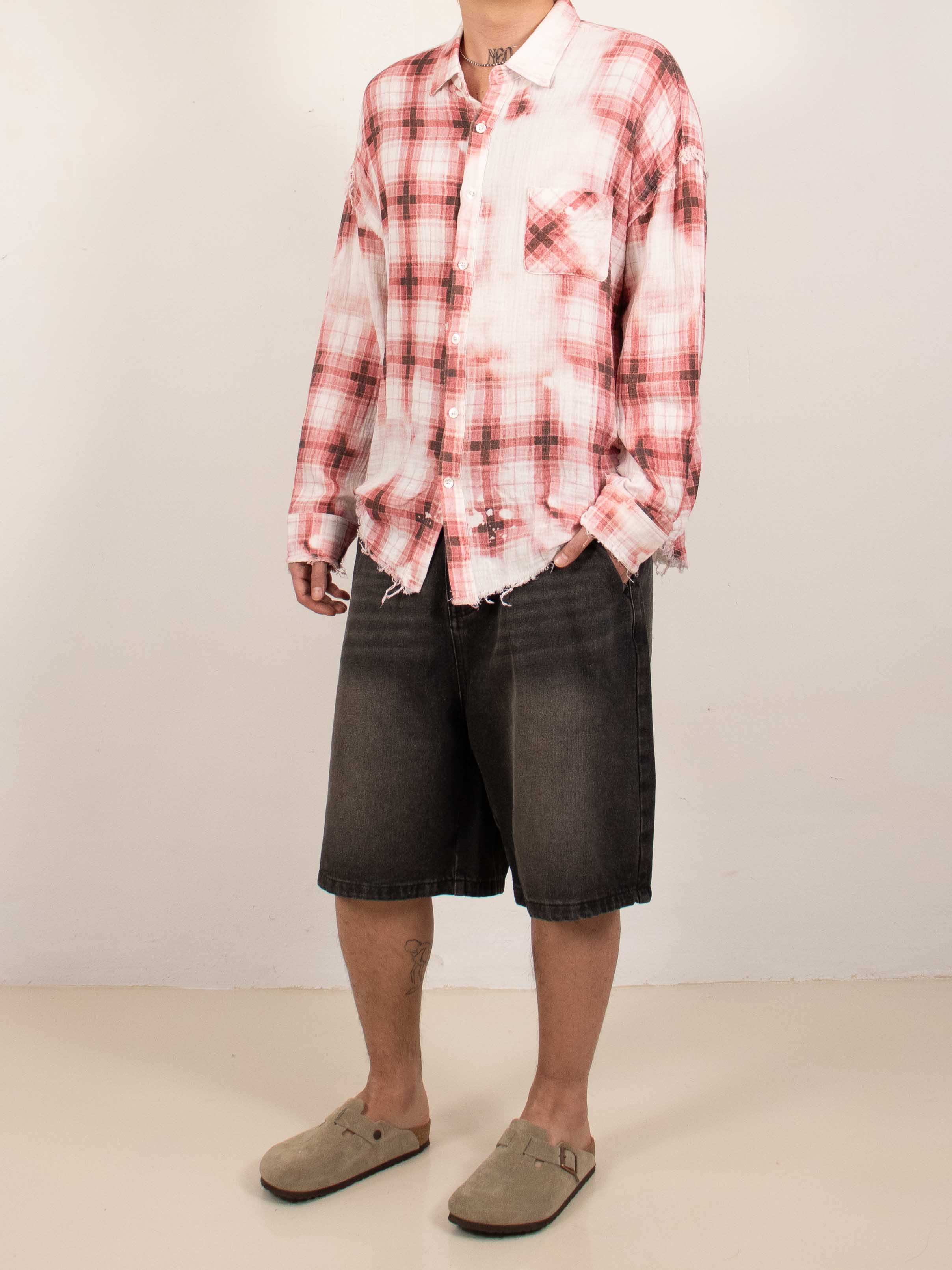 Red Bleached Distressed Check Shirt