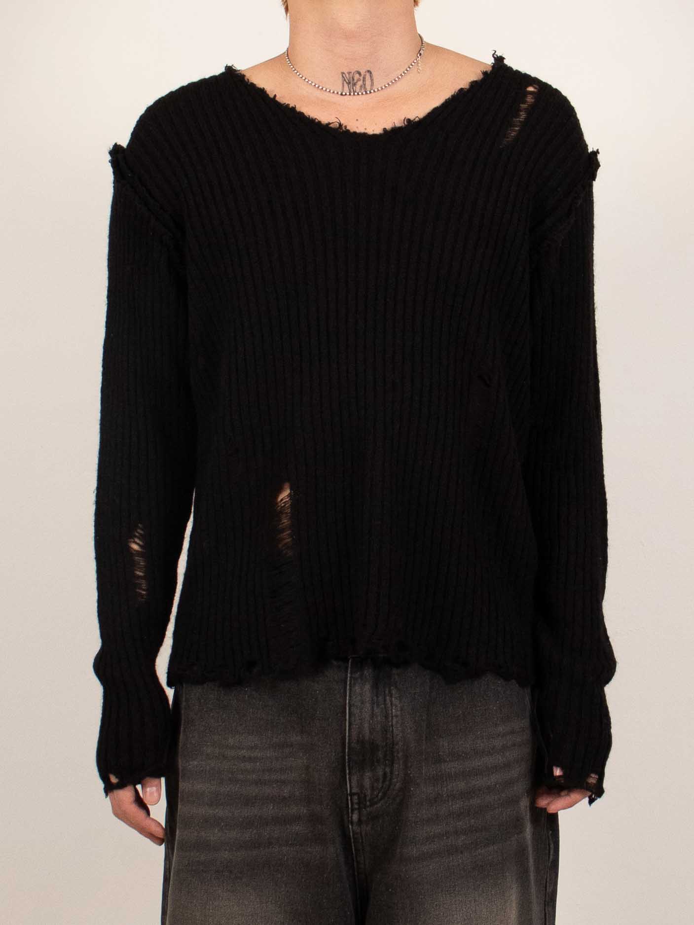 Black Distressed Reverse V-Neck Knit