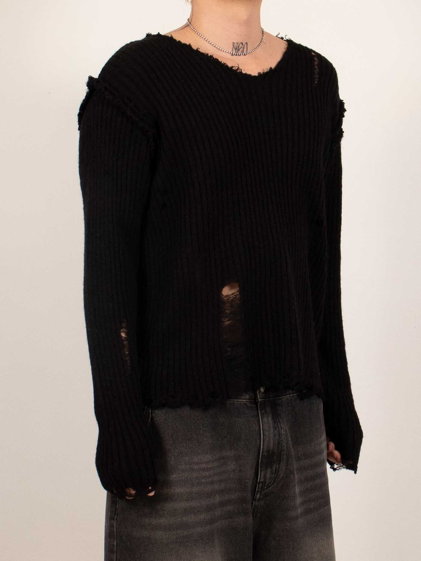 Black Distressed Reverse V-Neck Knit