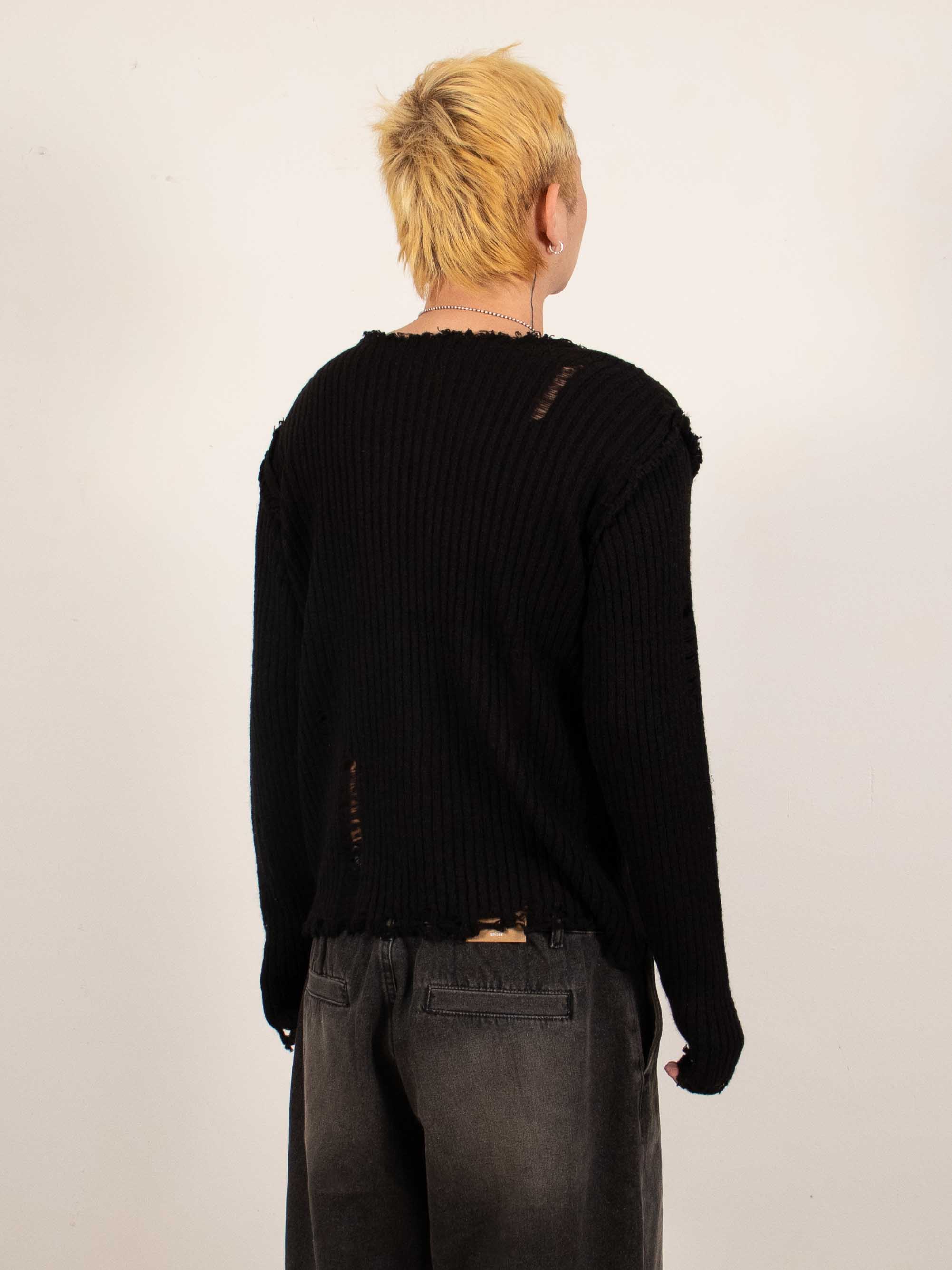 Black Distressed Reverse V-Neck Knit