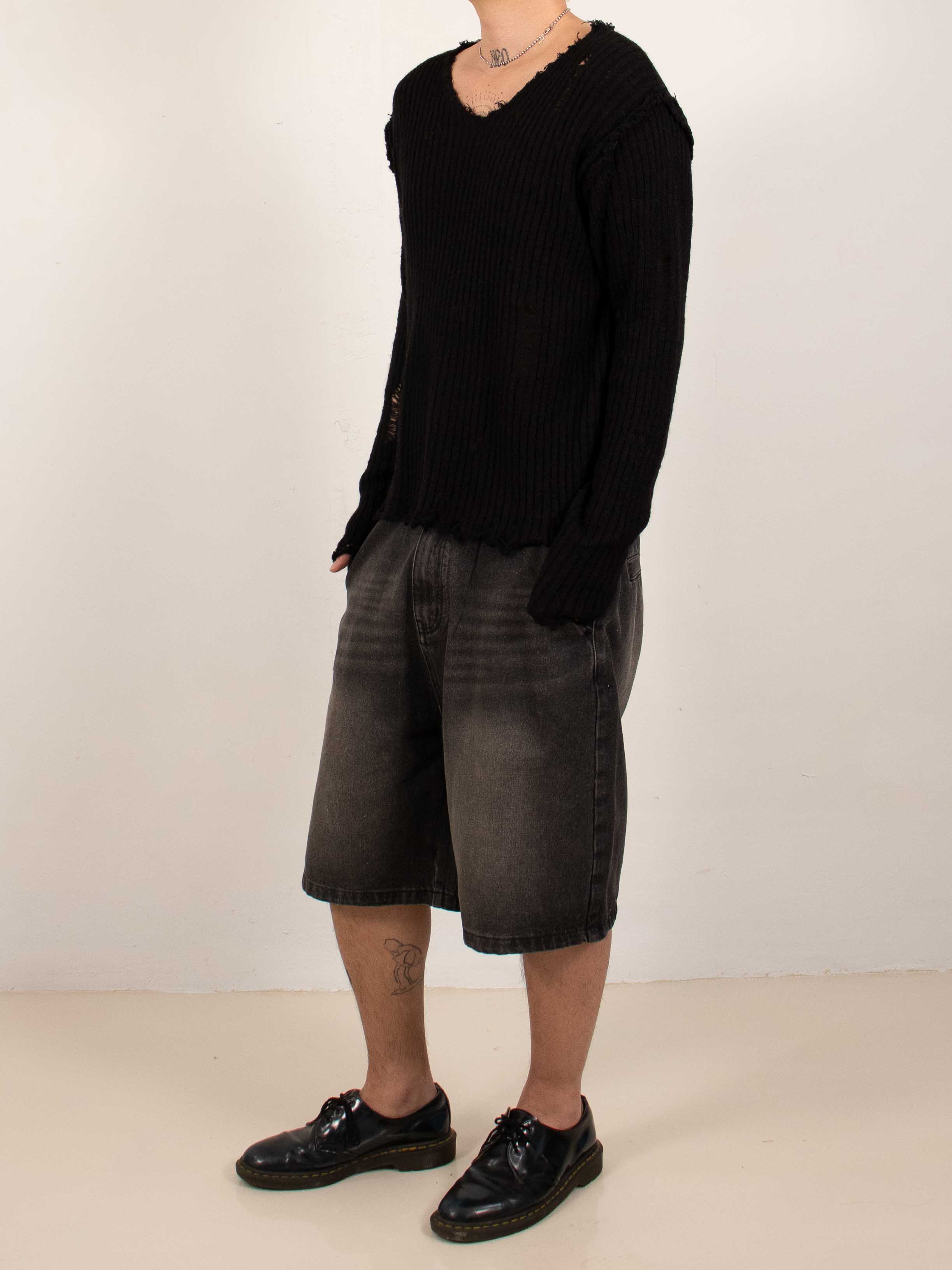 Black Distressed Reverse V-Neck Knit