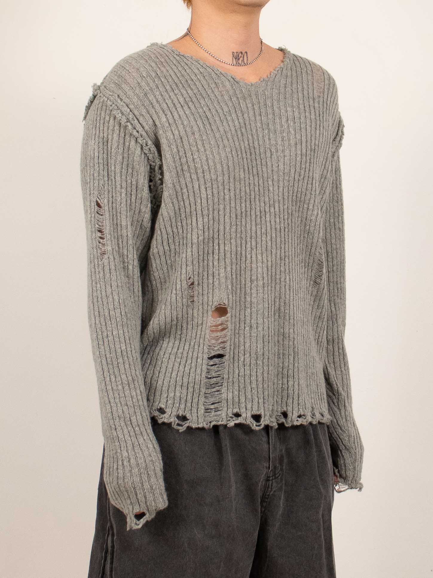 Gray Distressed Reverse V-Neck Knit