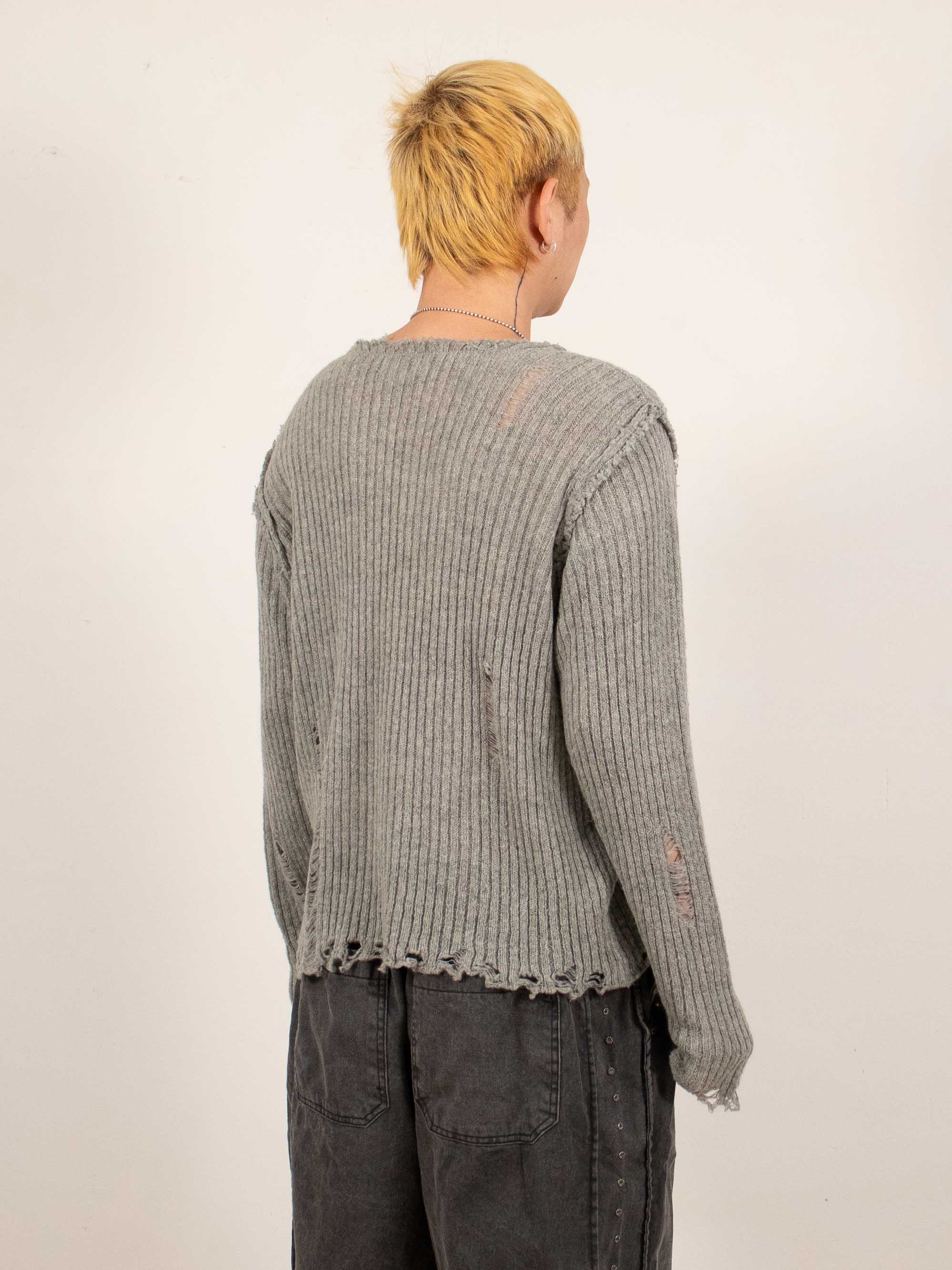 Gray Distressed Reverse V-Neck Knit