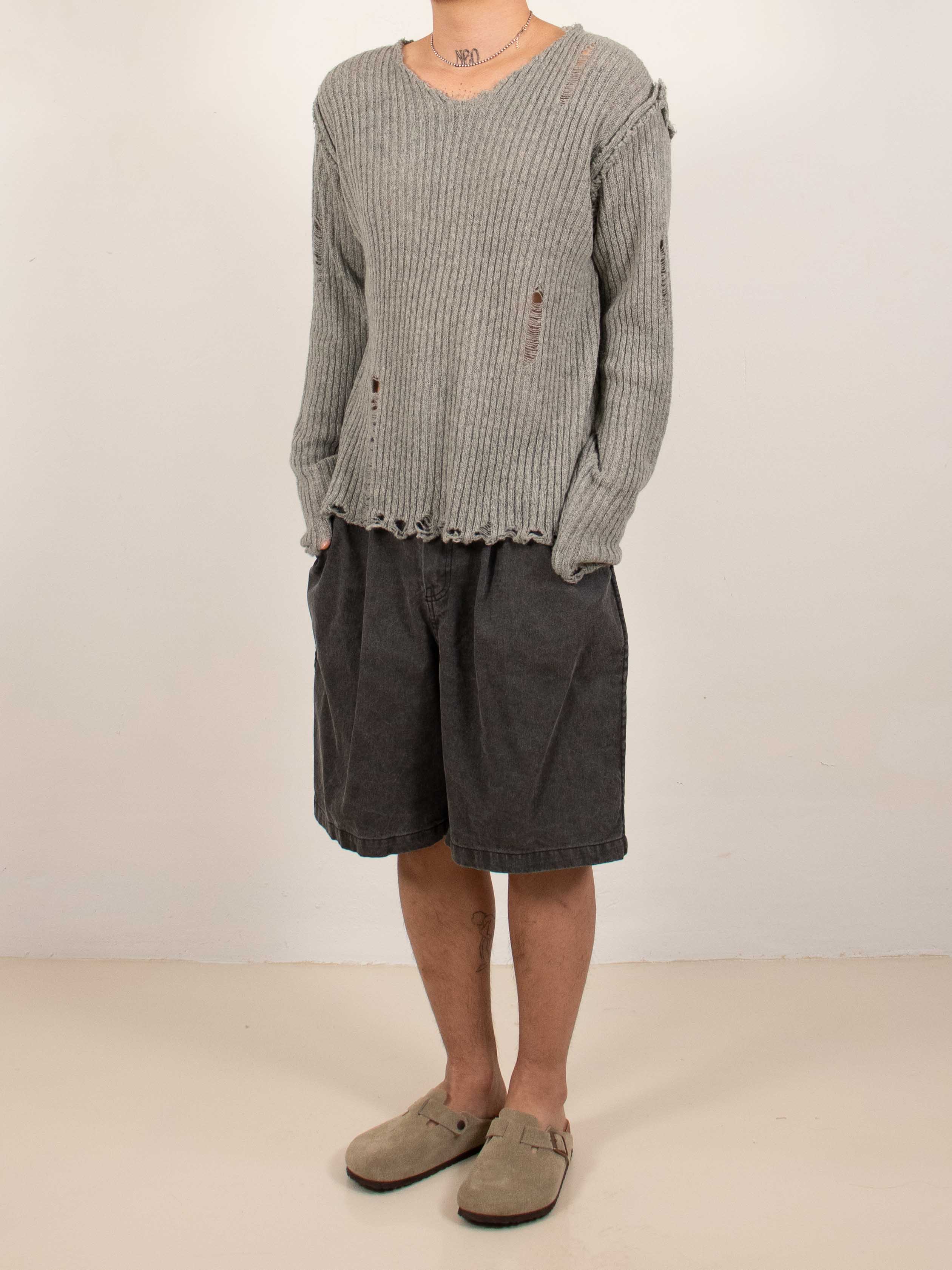 Gray Distressed Reverse V-Neck Knit