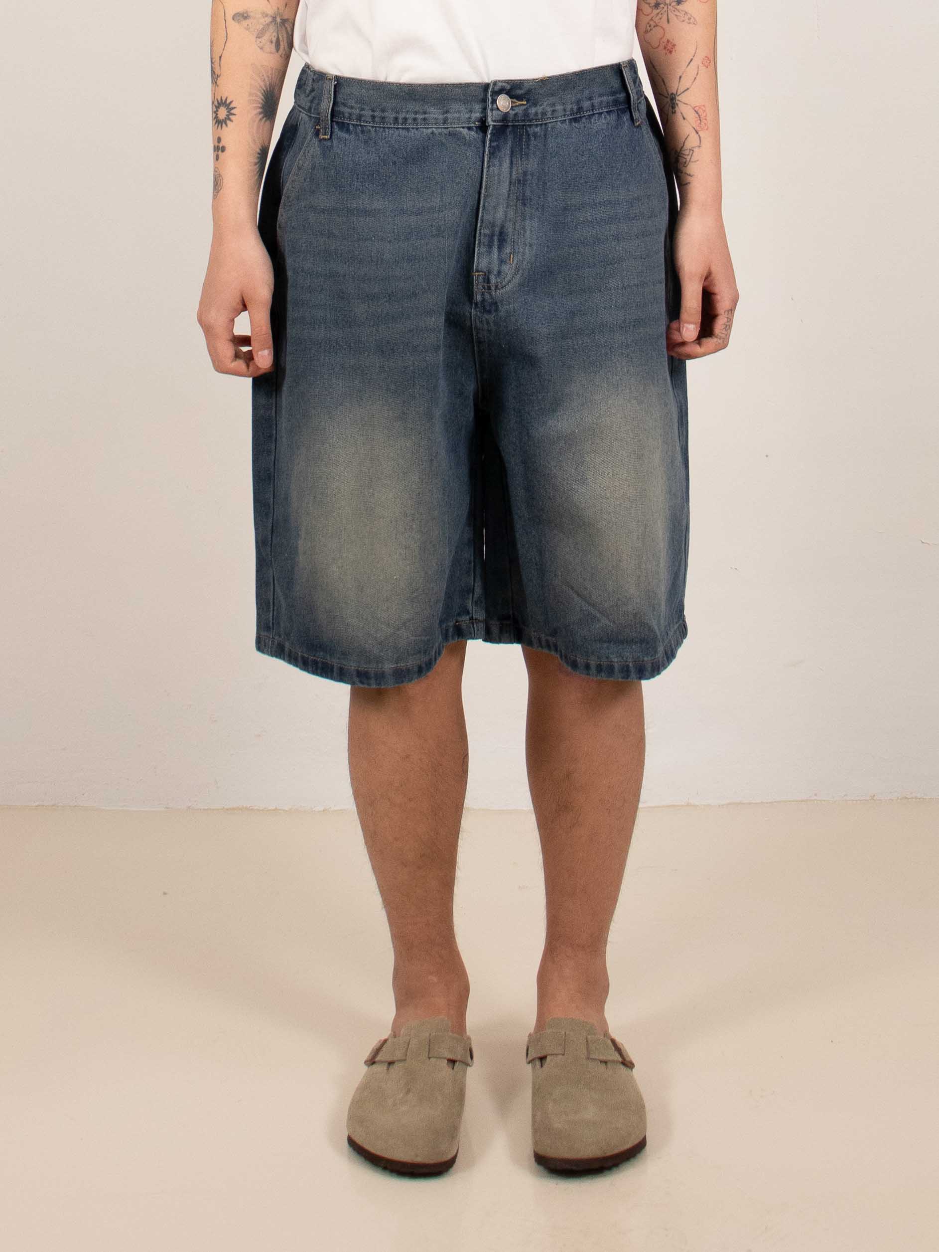 Washed Wide-Leg Denim Shorts