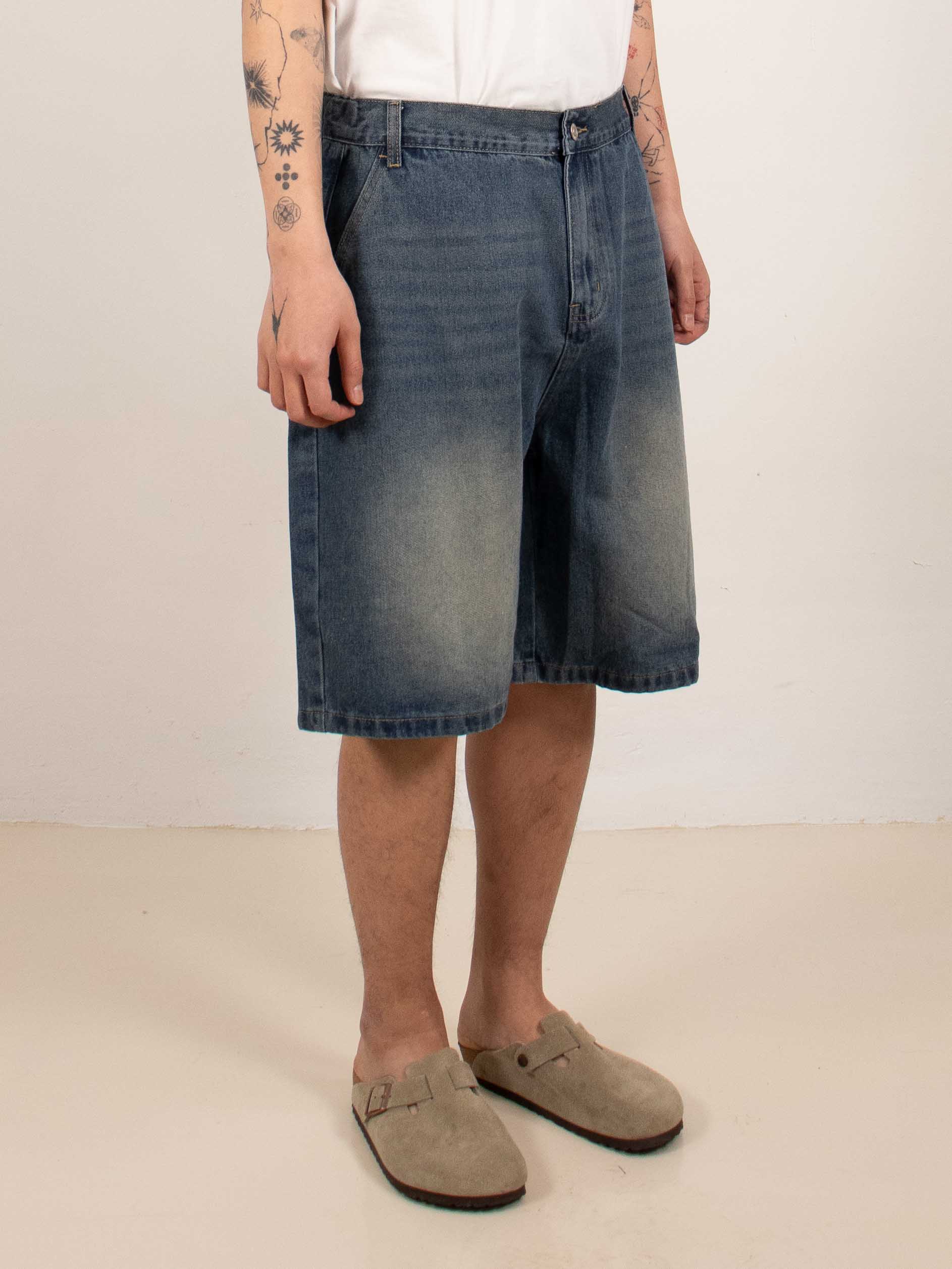 Washed Wide-Leg Denim Shorts