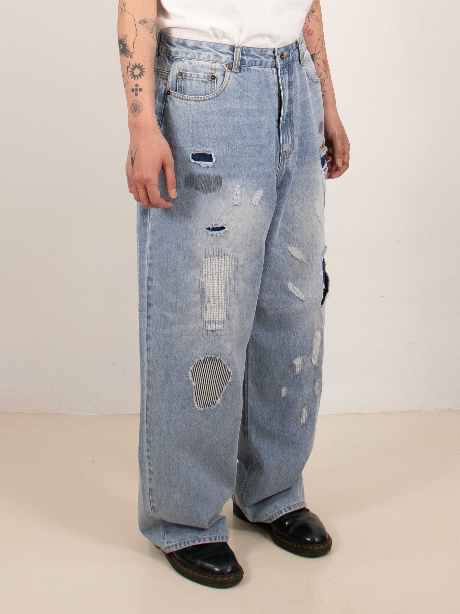 Wide Patchwork Distressed Jeans