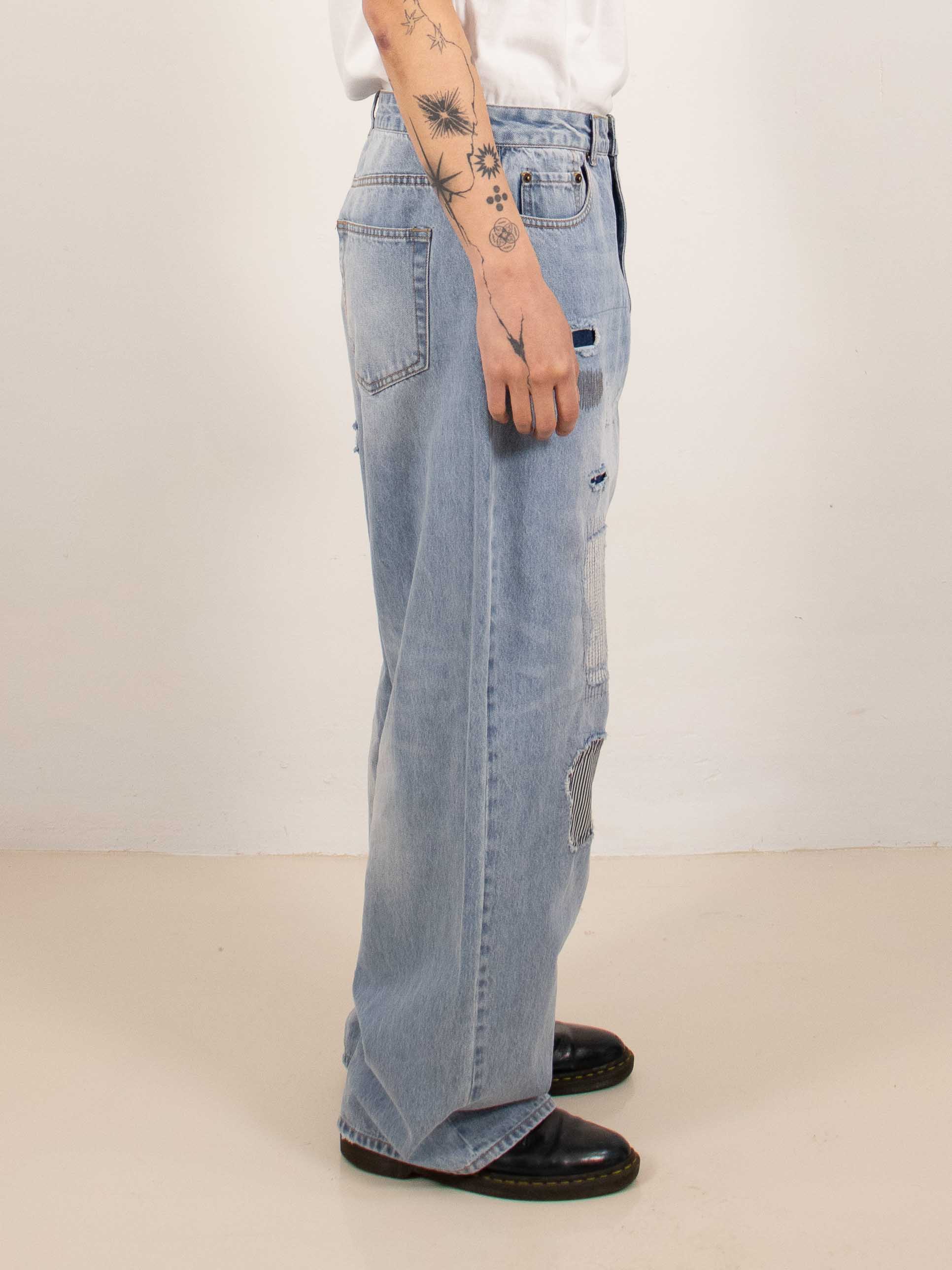 Wide Patchwork Distressed Jeans