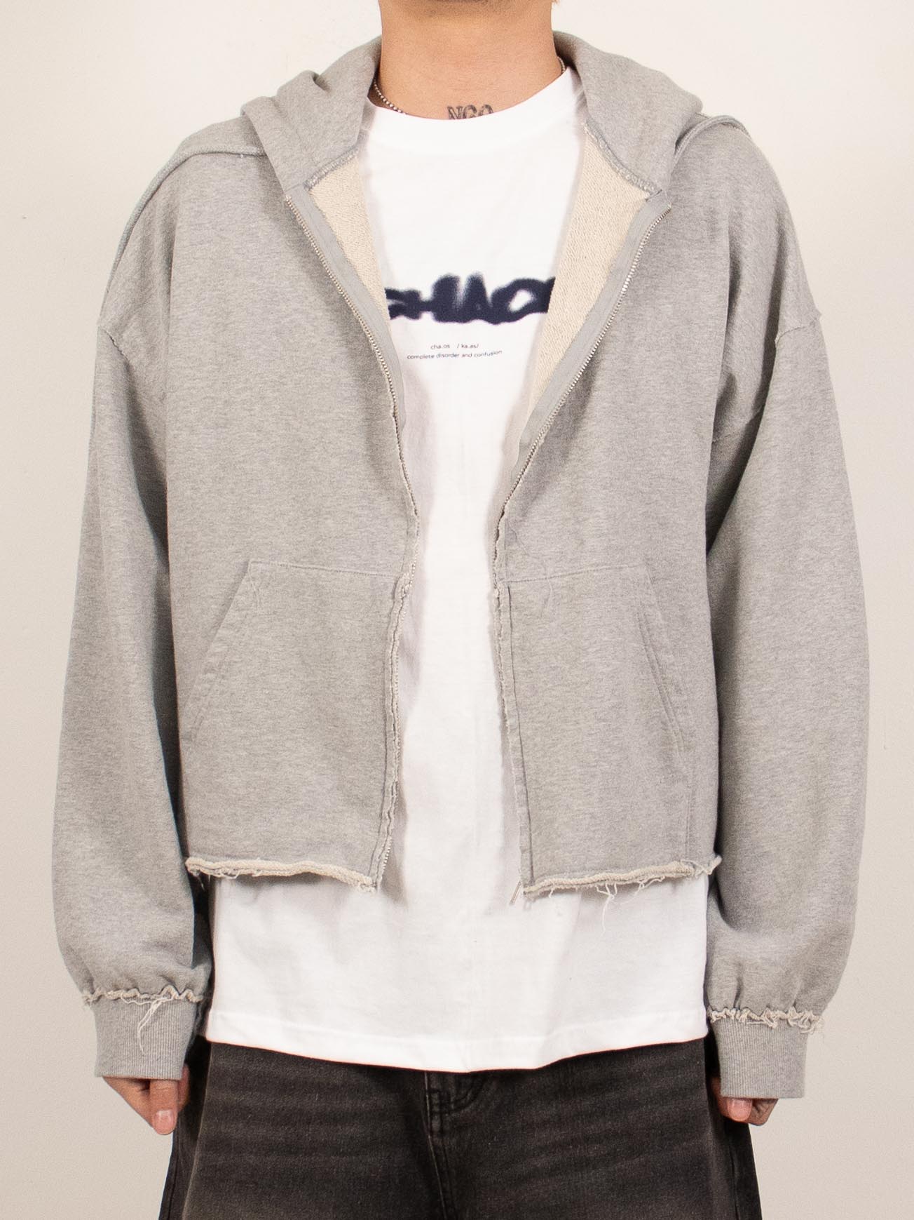 Gray Raw Hem Cropped Zip Hoodie