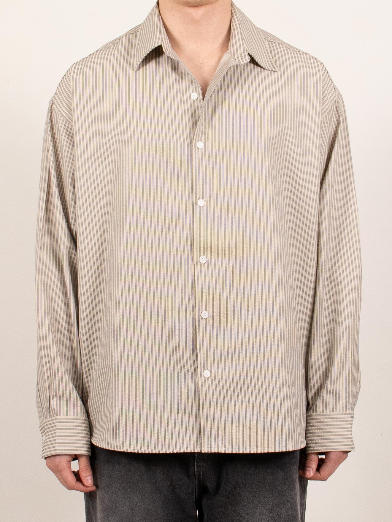 Beige Sheer Stripe Button-Up Shirt