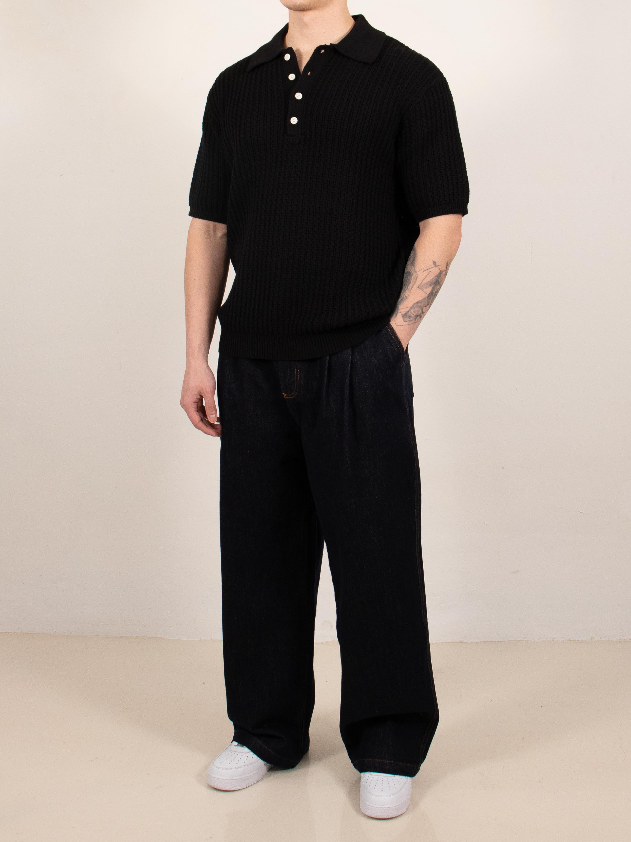 Black Waffle Knit Polo