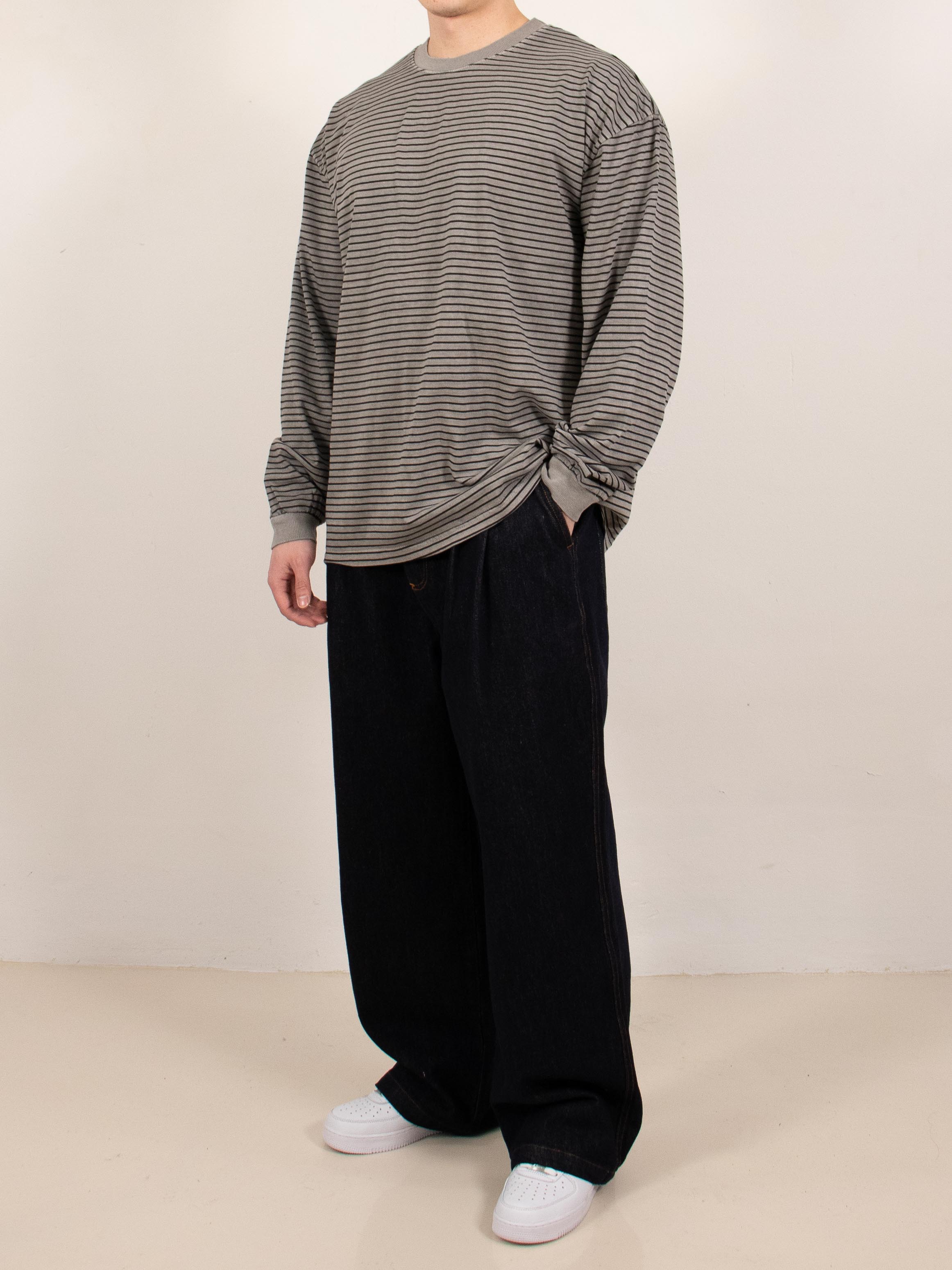 Gray Pigment Dyed Stripe Long Sleeve
