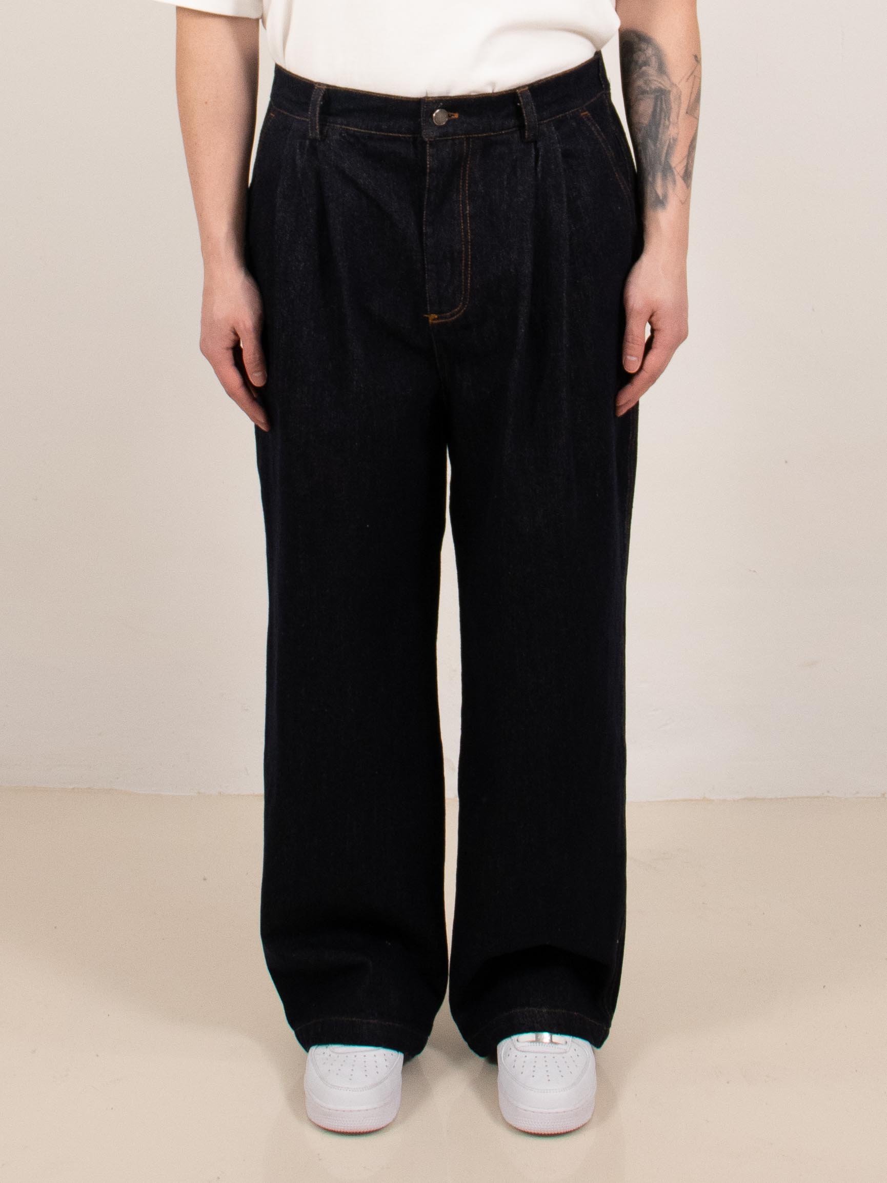 Indigo Pleated Wide-Leg Denim Trousers