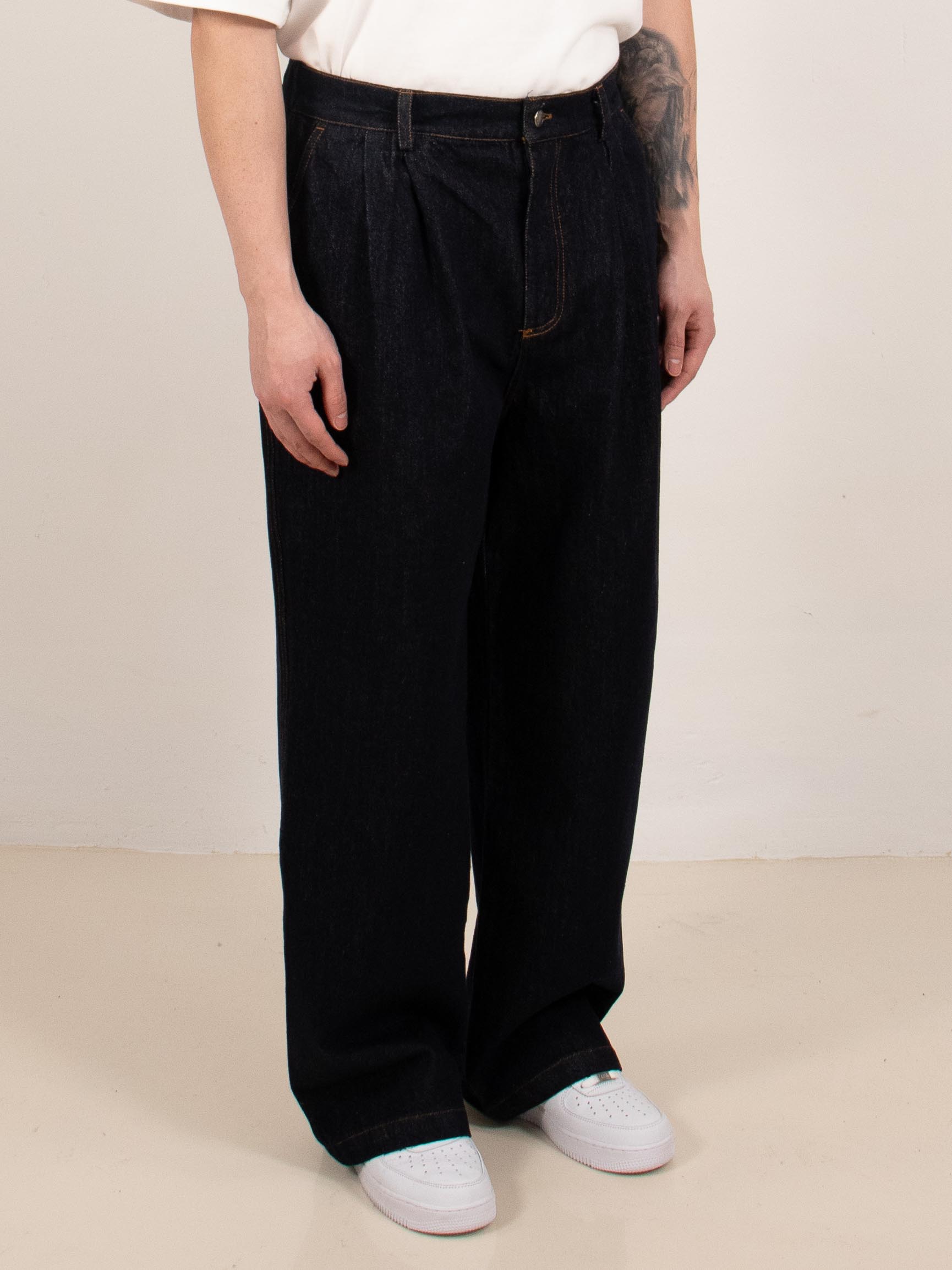 Indigo Pleated Wide-Leg Denim Trousers