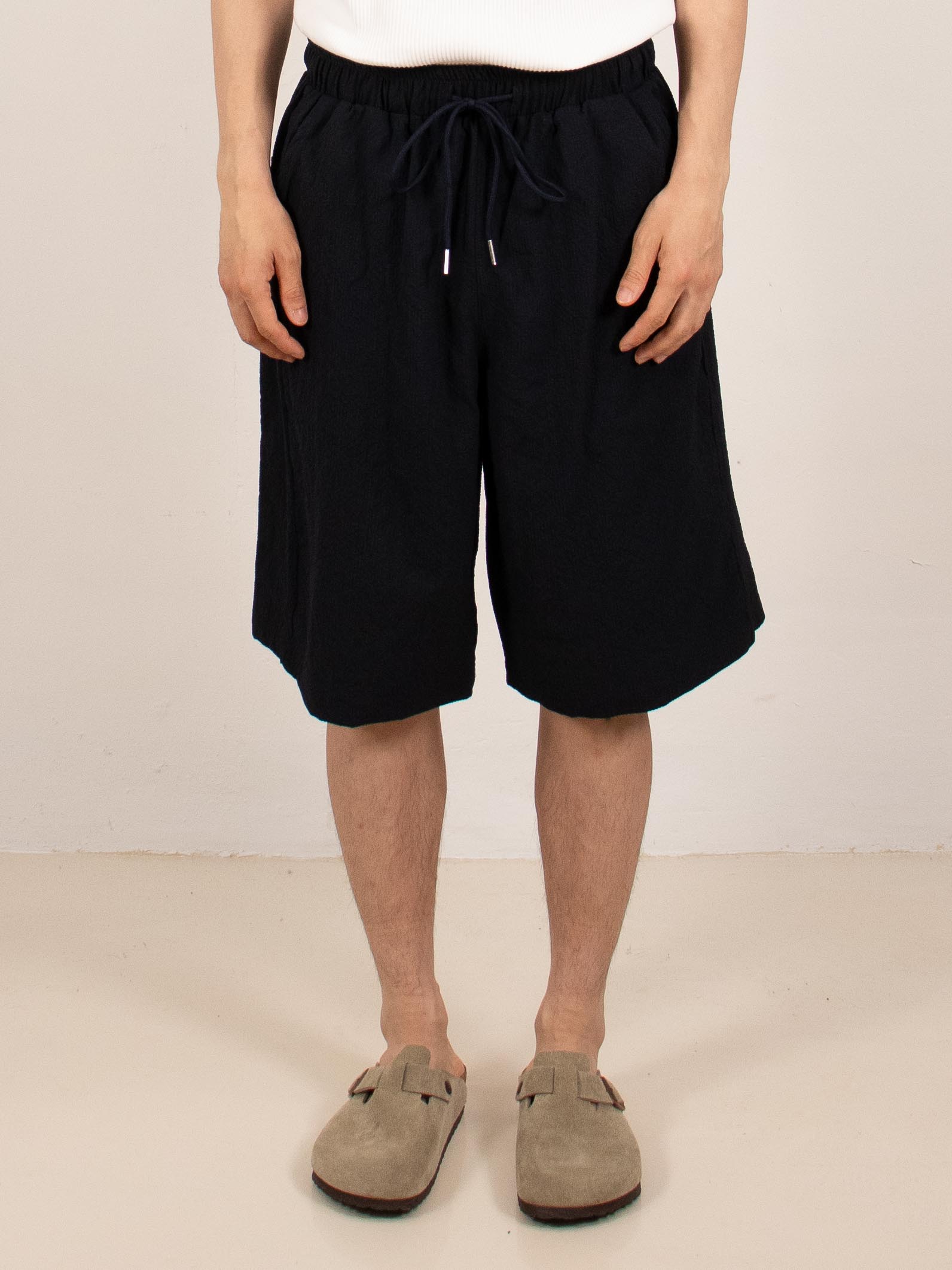 Navy Textured Wide-Leg Shorts