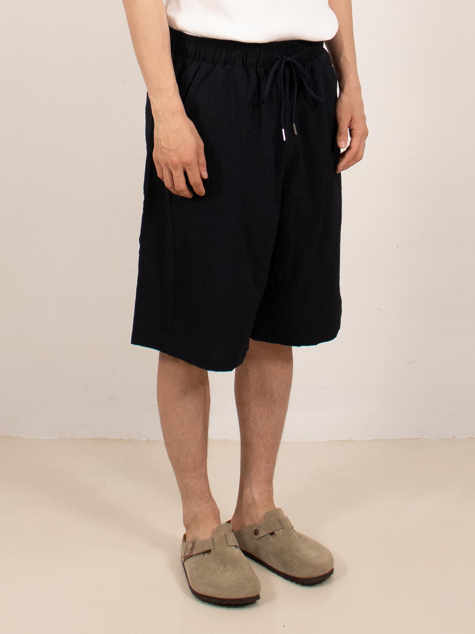Navy Textured Wide-Leg Shorts